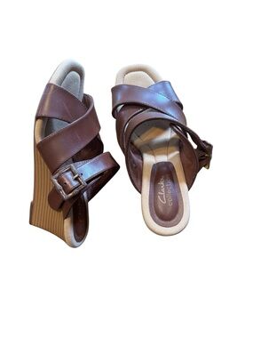 Clarks Brown leather  used once Wedge Sandals size 6,5